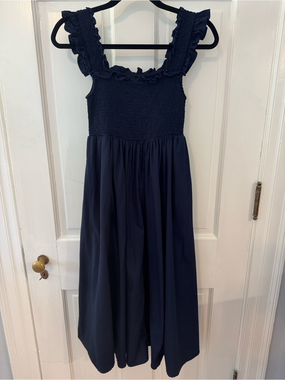 Petite Plume Twill Margaux Smocked Top Midi Ruffle Strap Sundress in Navy